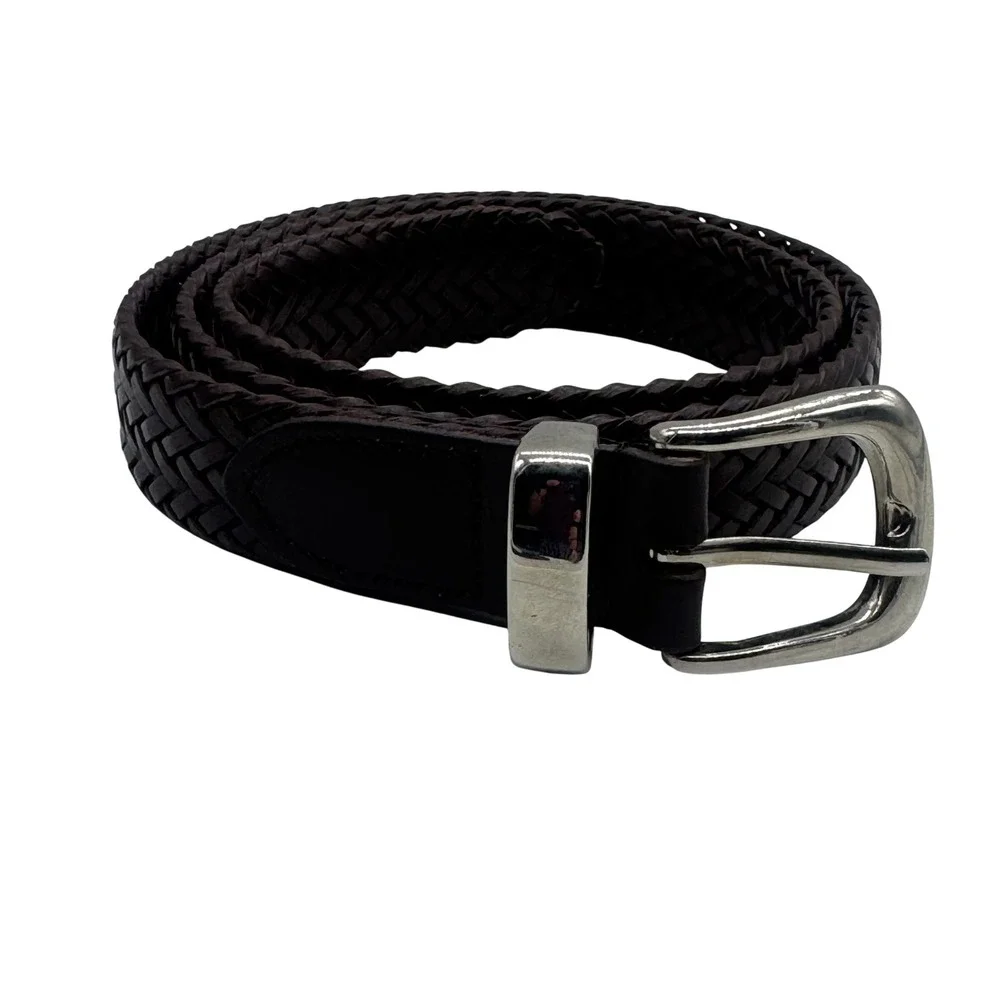 Dark Brown Woven Braided Bonded Leather Belt Silver Buckle Size Small 36
